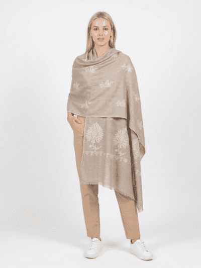 100% pure pashmina beige shawl with sozni embroidery