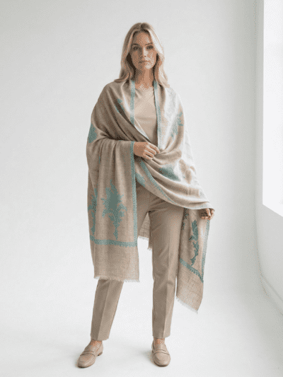 100% Pure Pashmina Beige Shawl with Sozni Embroidery Border