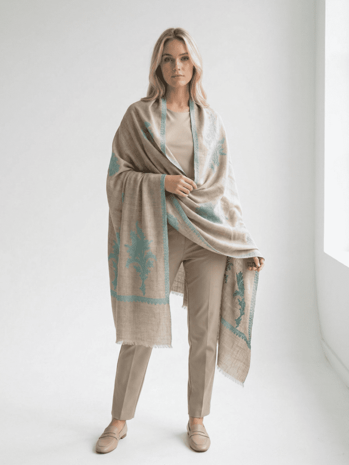 100% Pure Pashmina Beige Shawl with Sozni Embroidery Border