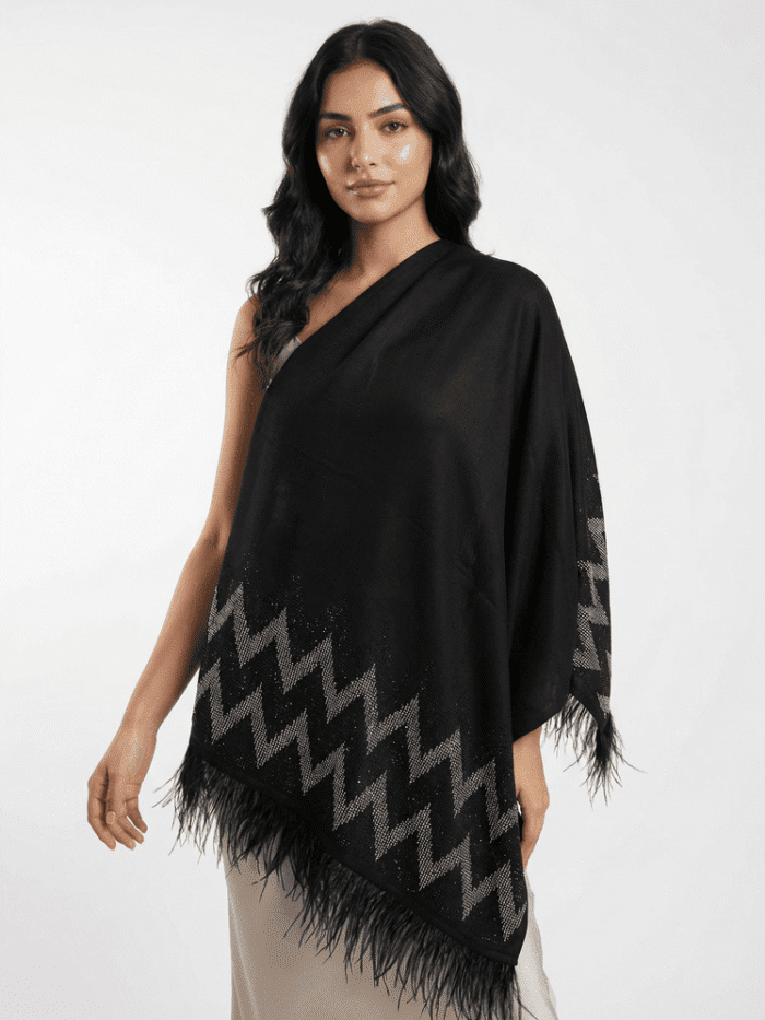 Swarovski Zig Zag Pashmina Shawl with Feather Trim