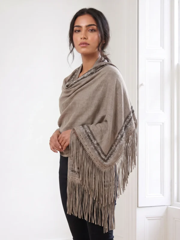 Cashmere Swarovski Shawl With Suede Fringes