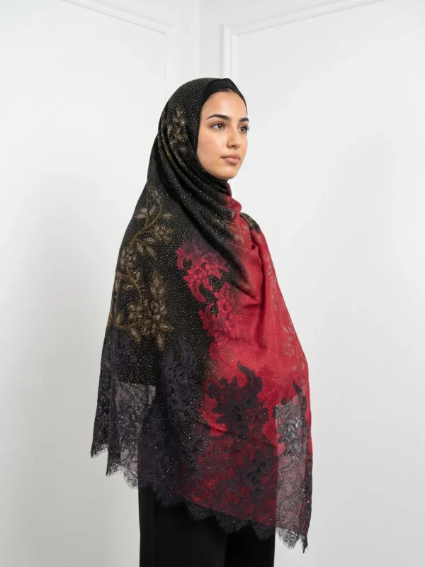 Midnight Ruby Ombre Swarovski Lace Pashmina Shawl