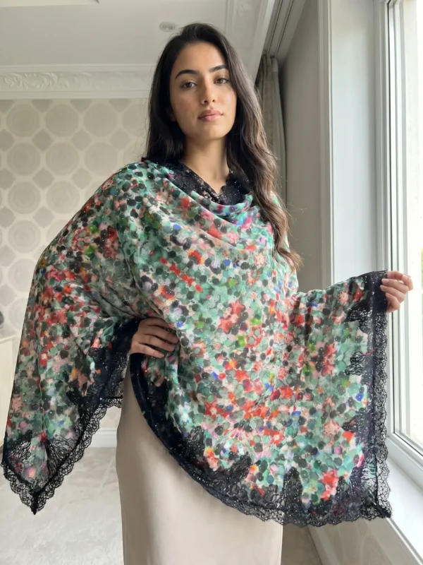 Pashmina Ombre Swarovski Shawl With Lace Border