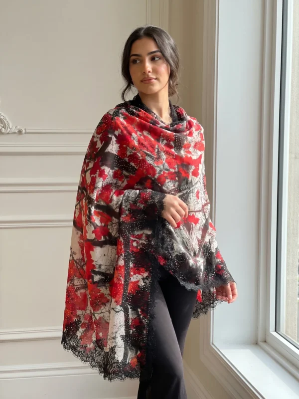 Pashmina Printed Lace Shawl With Swarovski