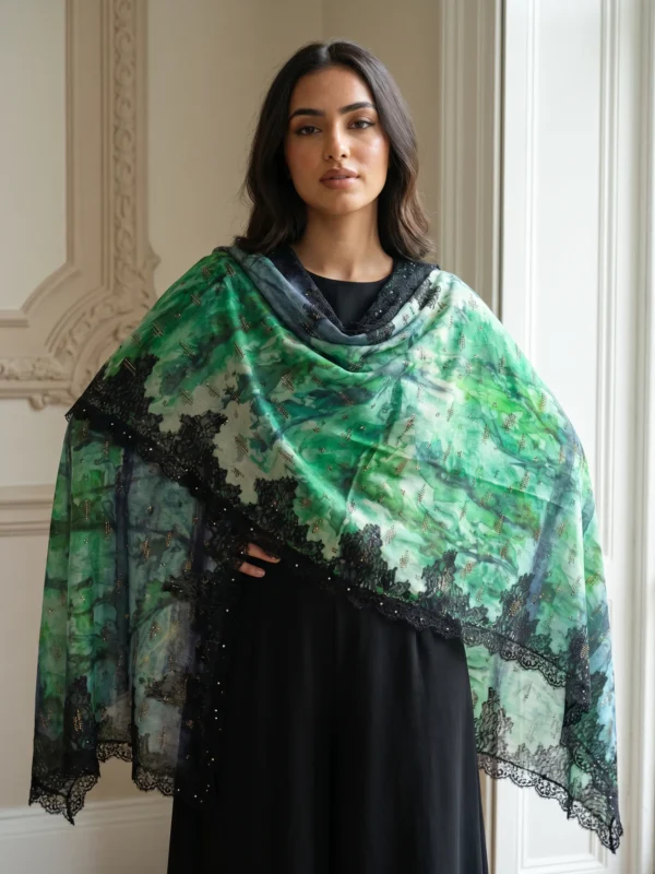 Digital Print Swarovski Pashmina Lace Shawl