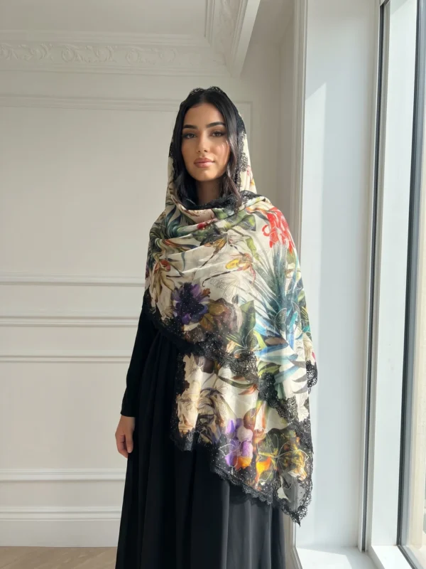 Digital Print Swarovski Embedded Pashmina Lace Shawl