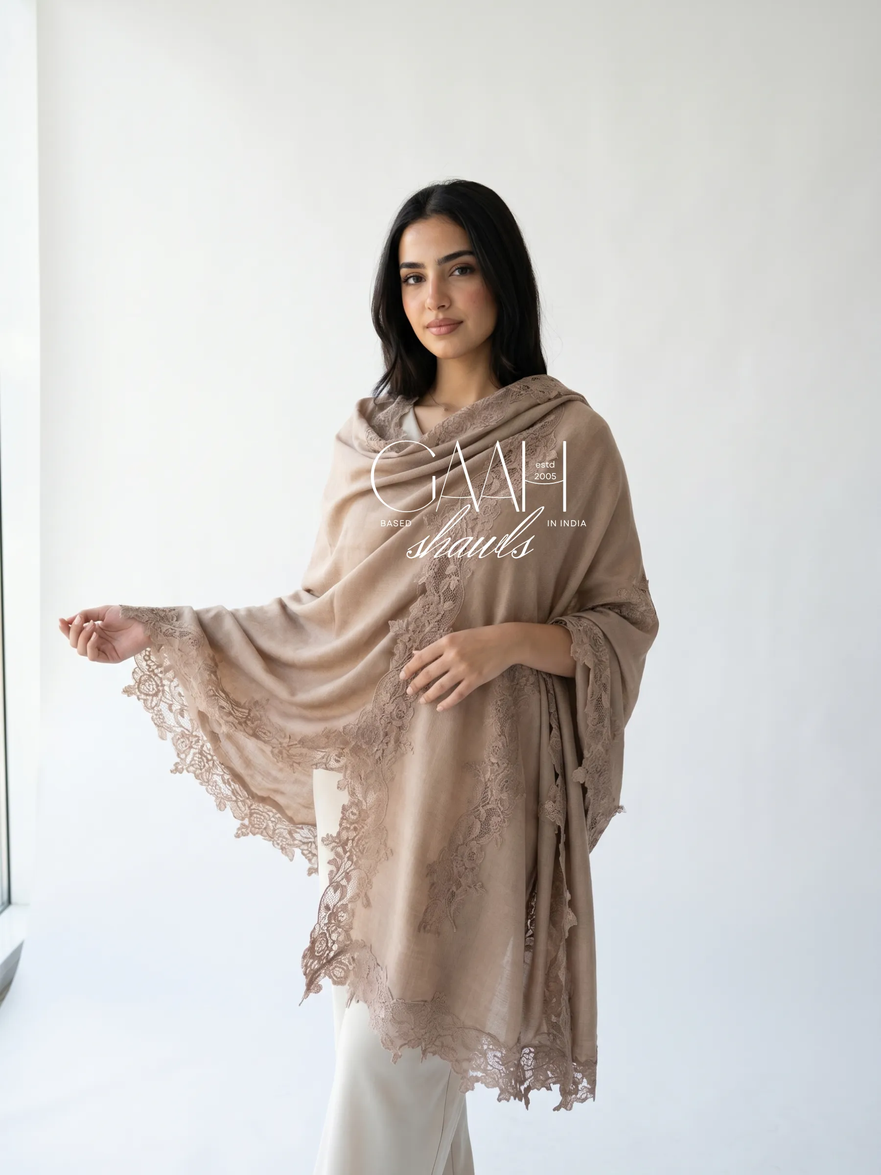 Floral Lace Pashmina Shawl – Nude Taupe