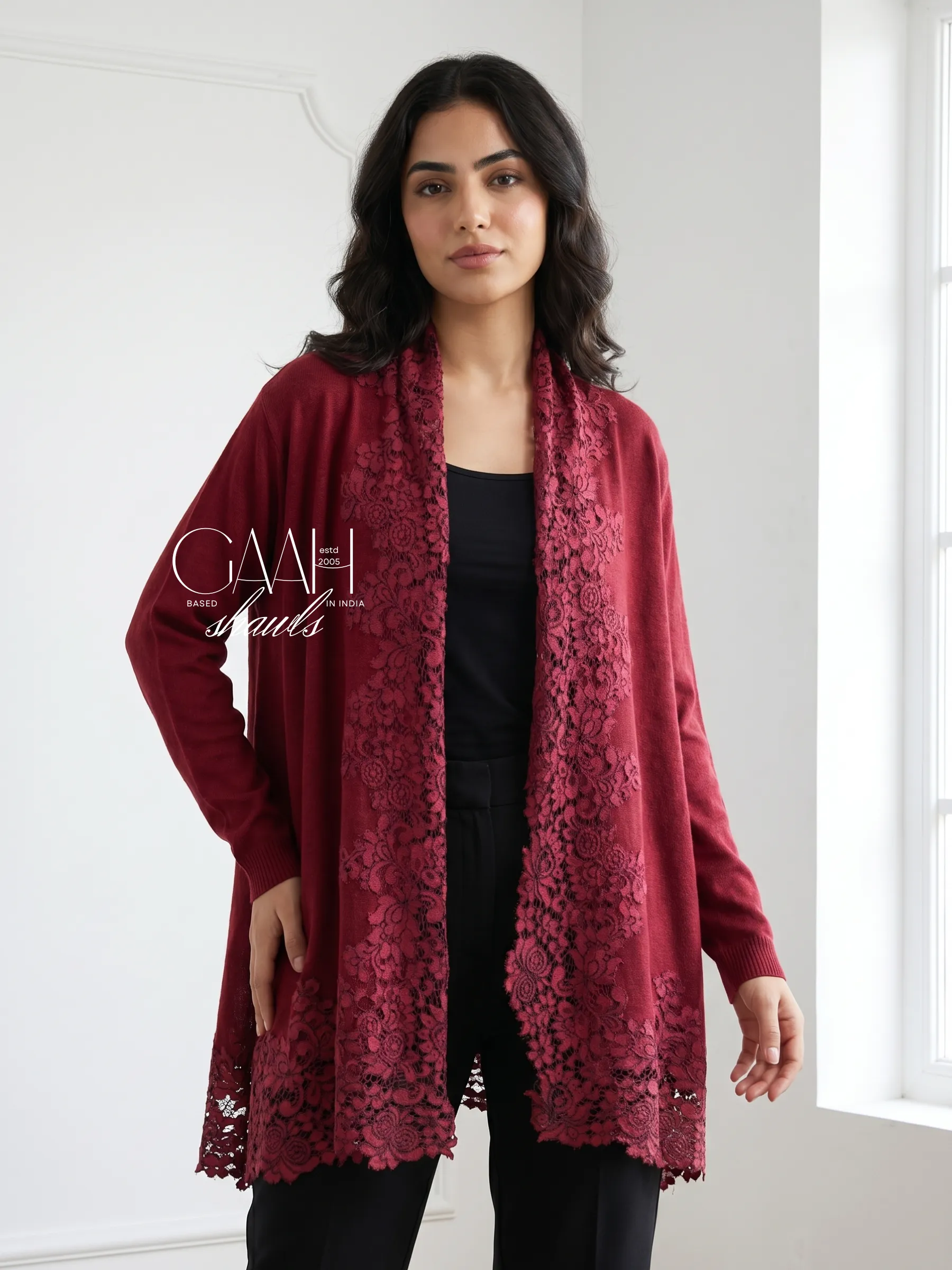 Lace Trim Cashmere Knit Shrug