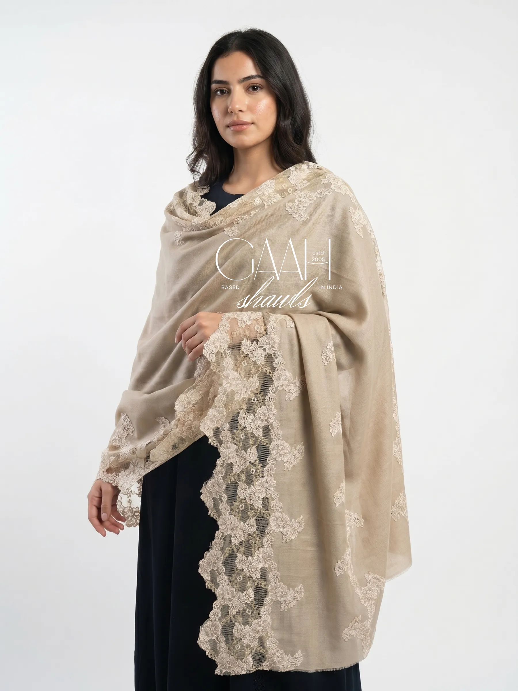 Champagne Beige Pashmina Lace Shawl