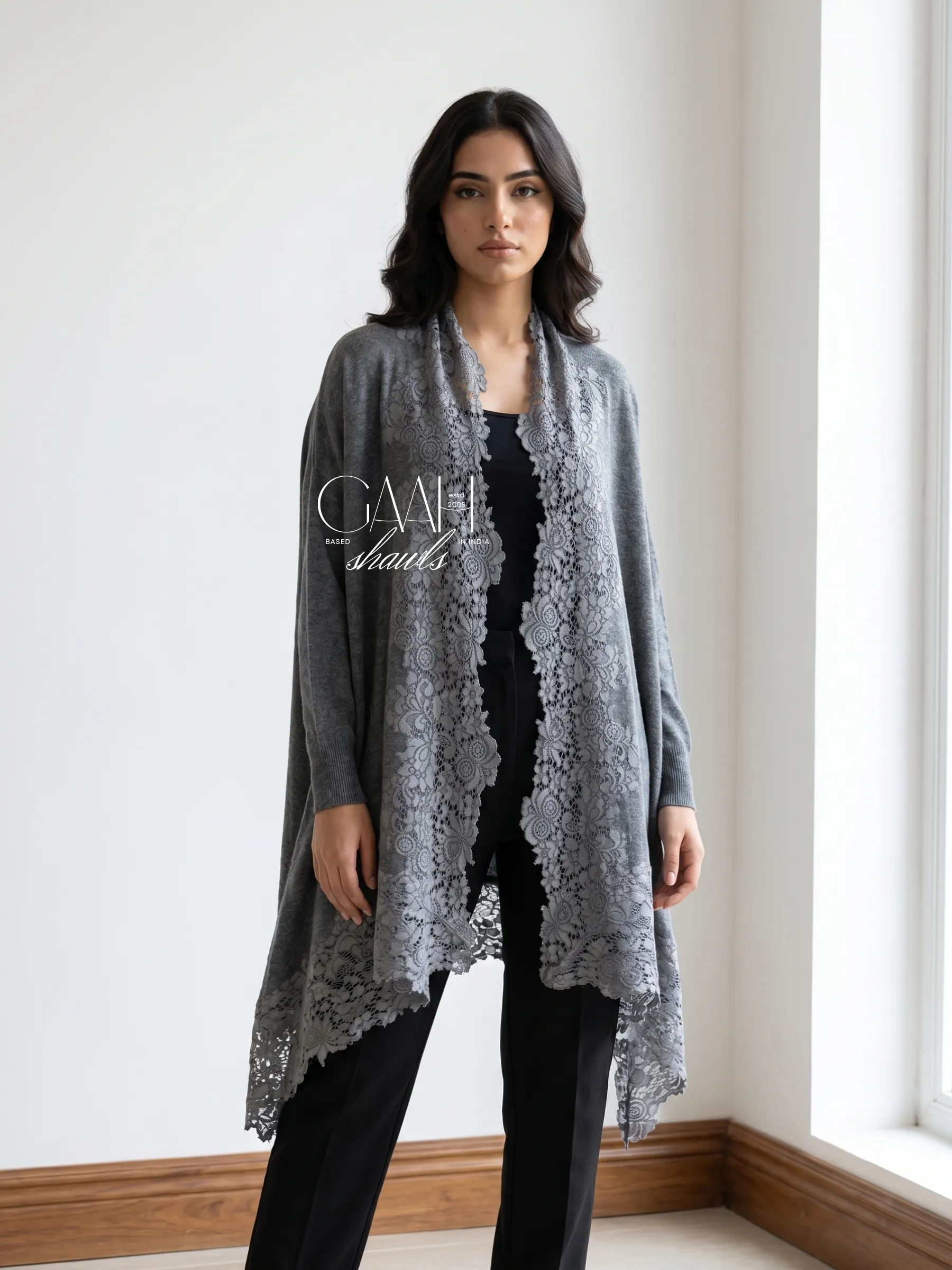 Cashmere Knitted Shrug With Lace Trim